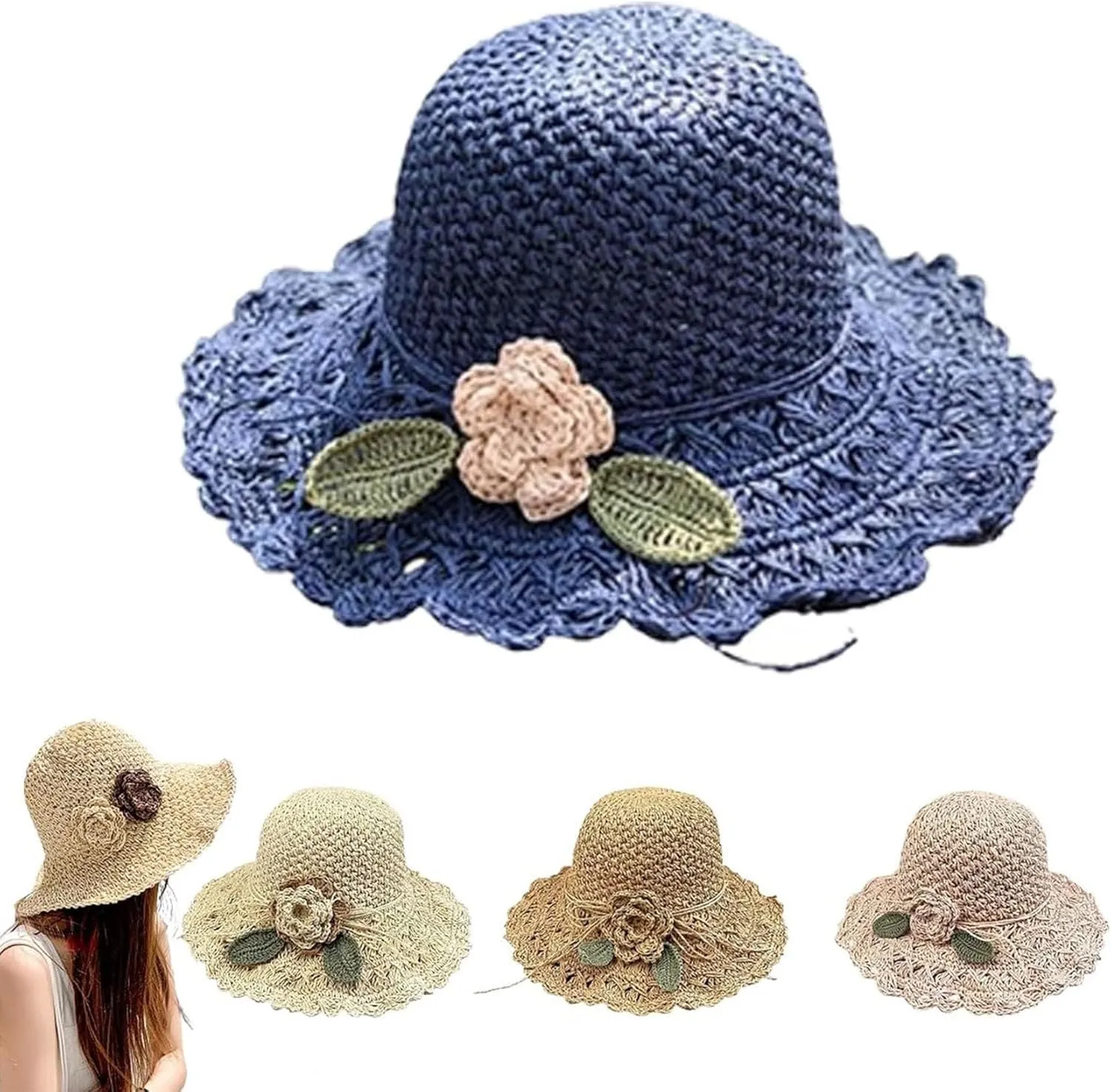 2024 New Elegant Crochet Straw Hat with Ruffle Detail,Beach Straw Bucket Hat Foldable, Straw Sun Hat for Women
