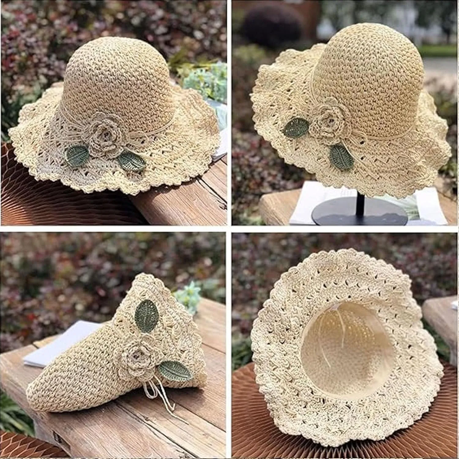 2024 New Elegant Crochet Straw Hat with Ruffle Detail,Beach Straw Bucket Hat Foldable, Straw Sun Hat for Women