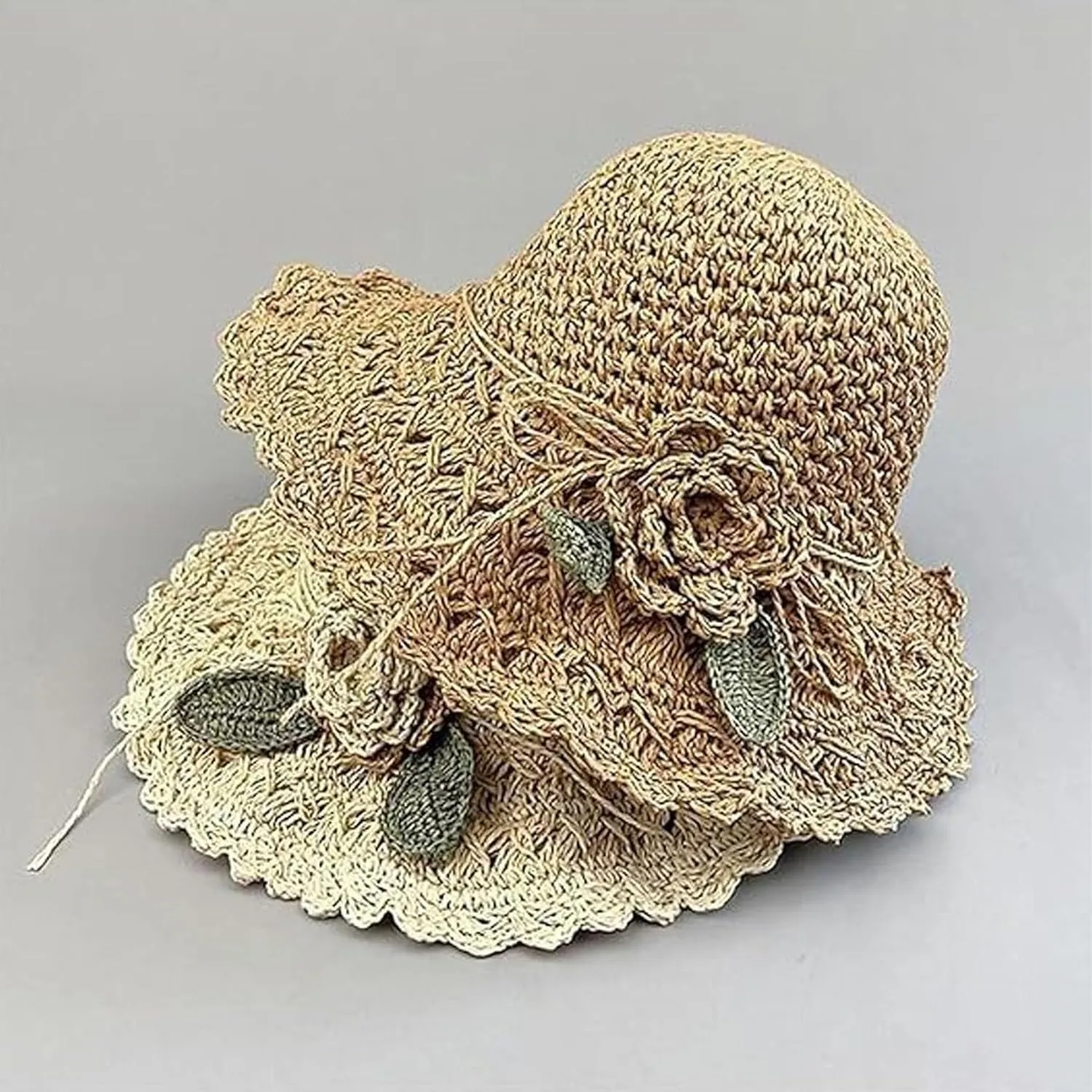 2024 New Elegant Crochet Straw Hat with Ruffle Detail,Beach Straw Bucket Hat Foldable, Straw Sun Hat for Women