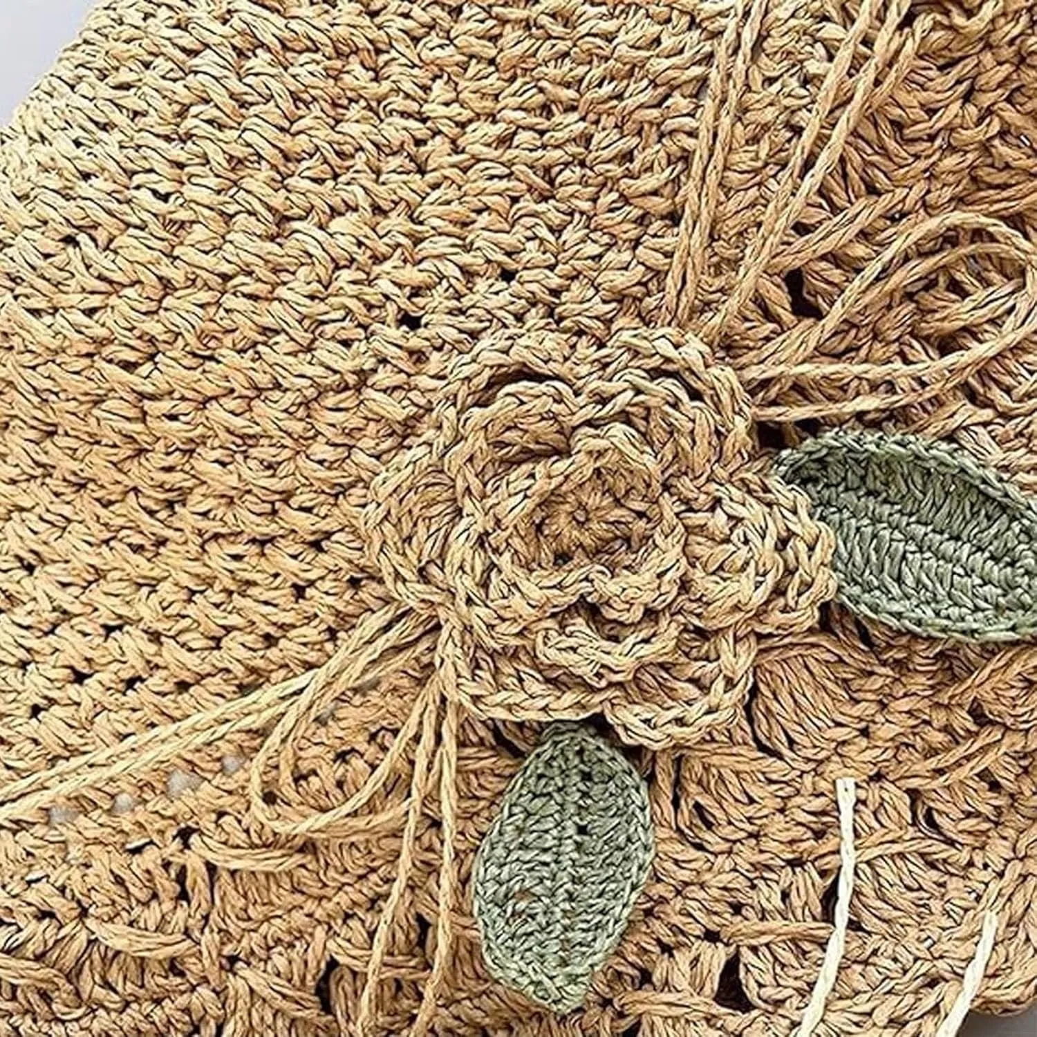 2024 New Elegant Crochet Straw Hat with Ruffle Detail,Beach Straw Bucket Hat Foldable, Straw Sun Hat for Women