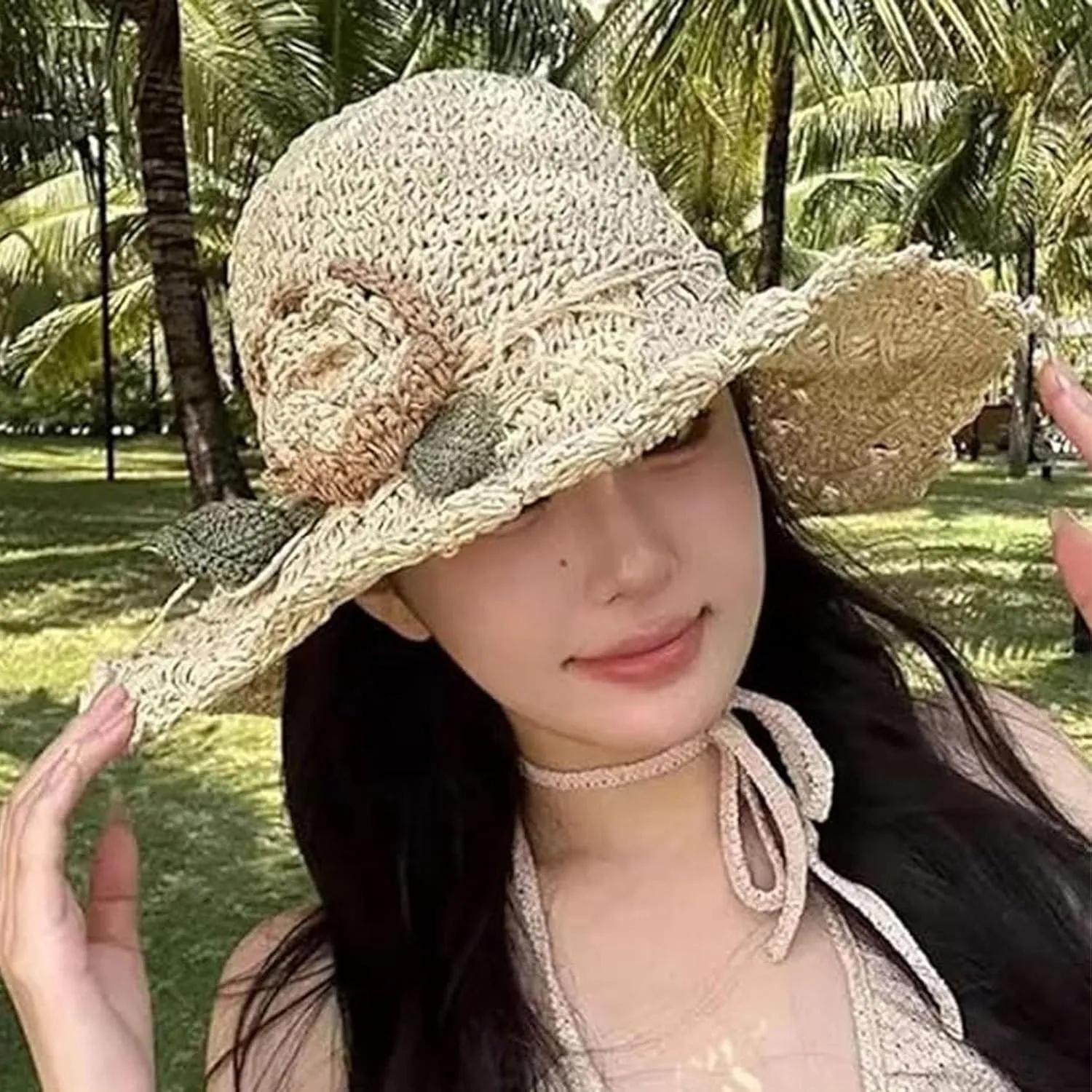 2024 New Elegant Crochet Straw Hat with Ruffle Detail,Beach Straw Bucket Hat Foldable, Straw Sun Hat for Women
