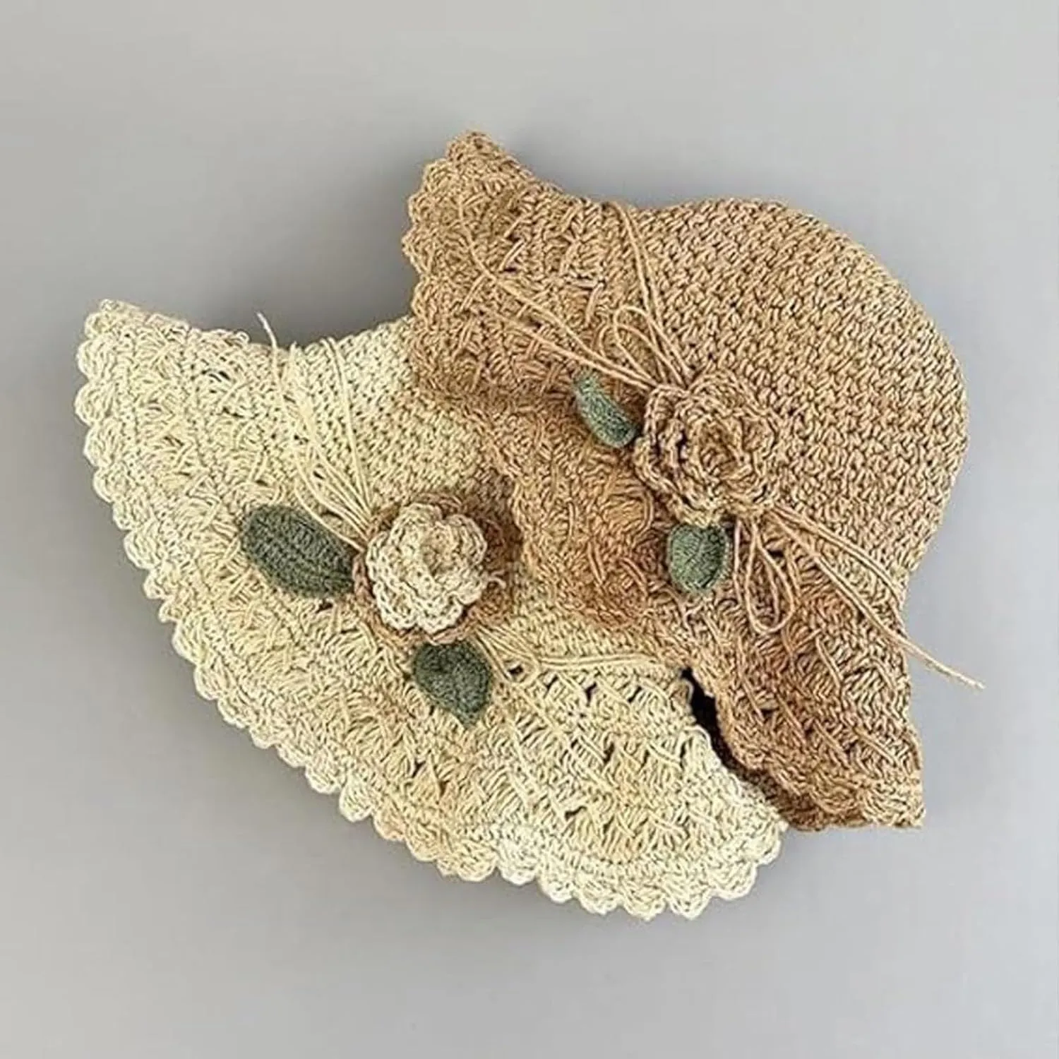2024 New Elegant Crochet Straw Hat with Ruffle Detail,Beach Straw Bucket Hat Foldable, Straw Sun Hat for Women