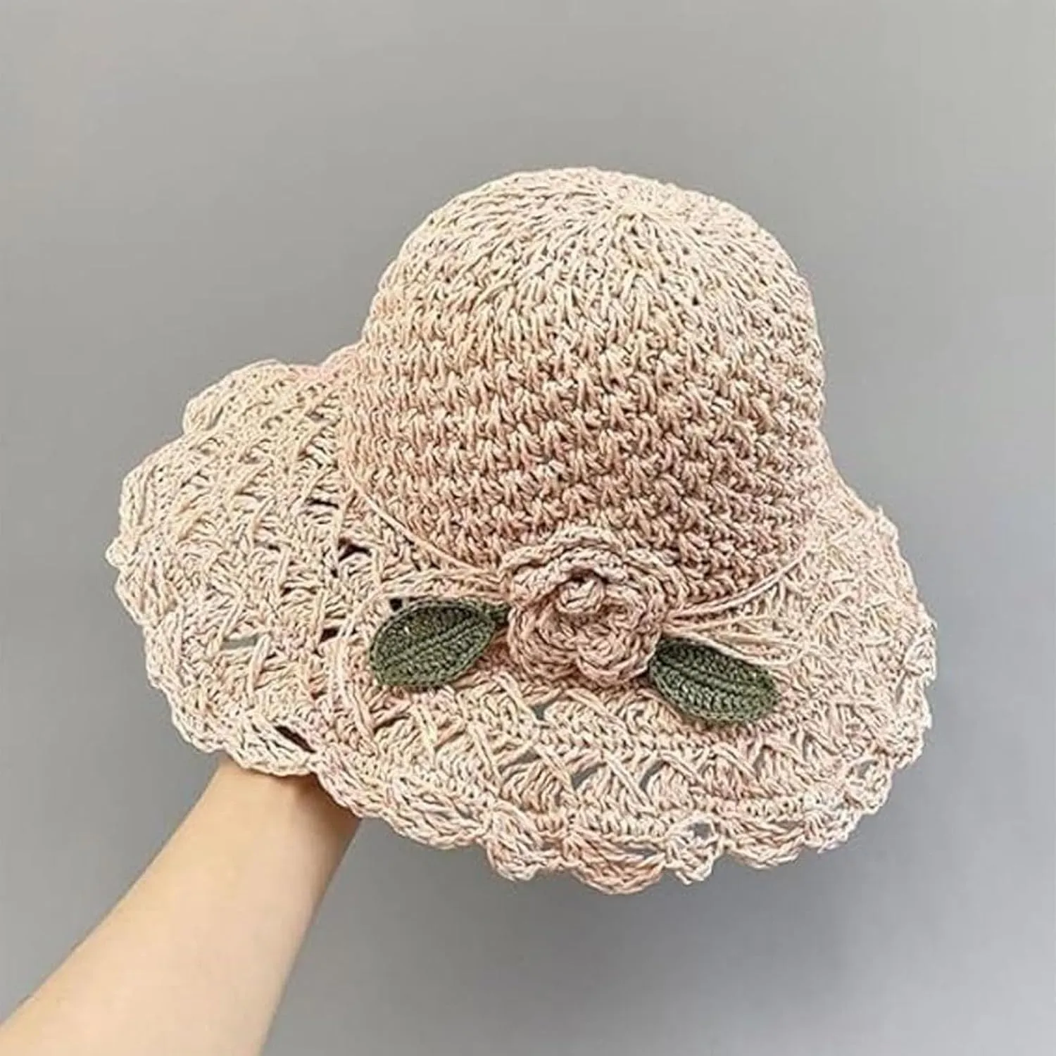 2024 New Elegant Crochet Straw Hat with Ruffle Detail,Beach Straw Bucket Hat Foldable, Straw Sun Hat for Women
