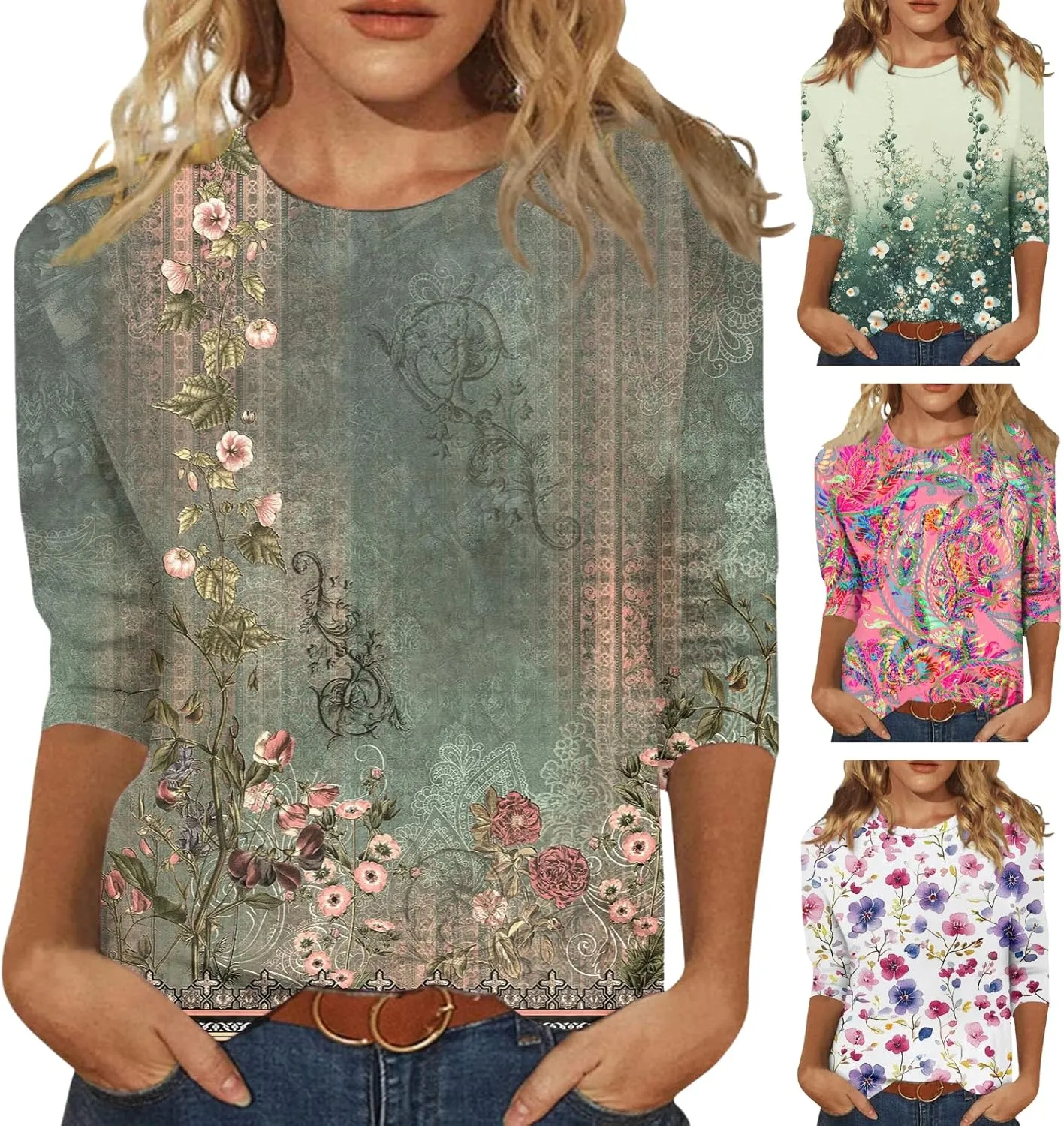 3/4 Length Sleeve Womens Tops Women's Casual Round Neck Tunic Tops Basic Tees Blouses Loose Fit Business Work Tee 2025 Summer