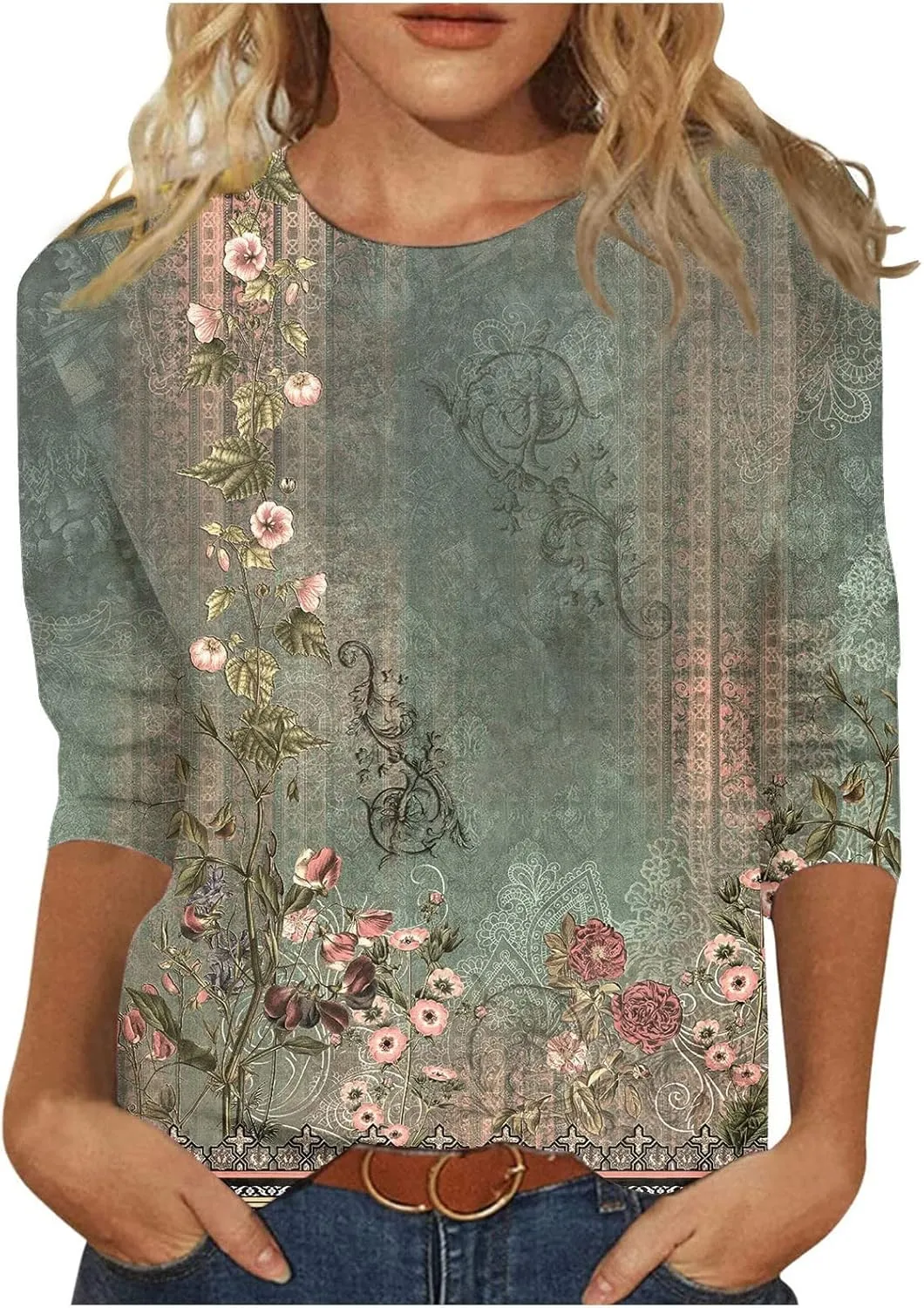 3/4 Length Sleeve Womens Tops Women's Casual Round Neck Tunic Tops Basic Tees Blouses Loose Fit Business Work Tee 2025 Summer
