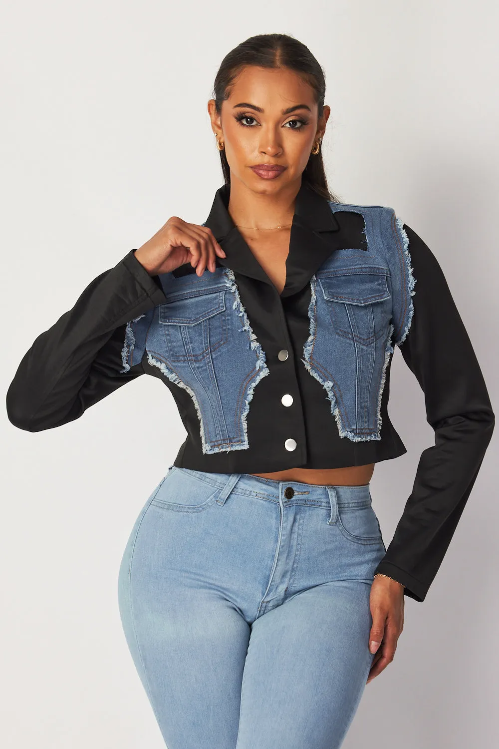 Amberlyn Denim Contrast Crop Blazer Jacket