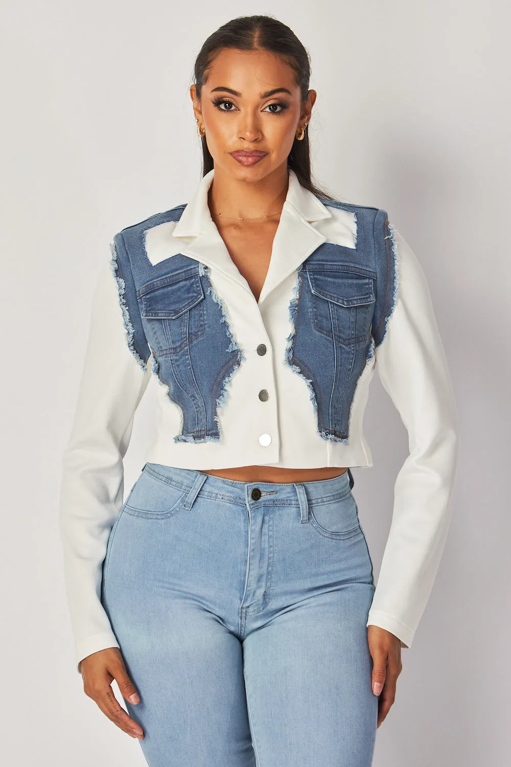 Amberlyn Denim Contrast Crop Blazer Jacket