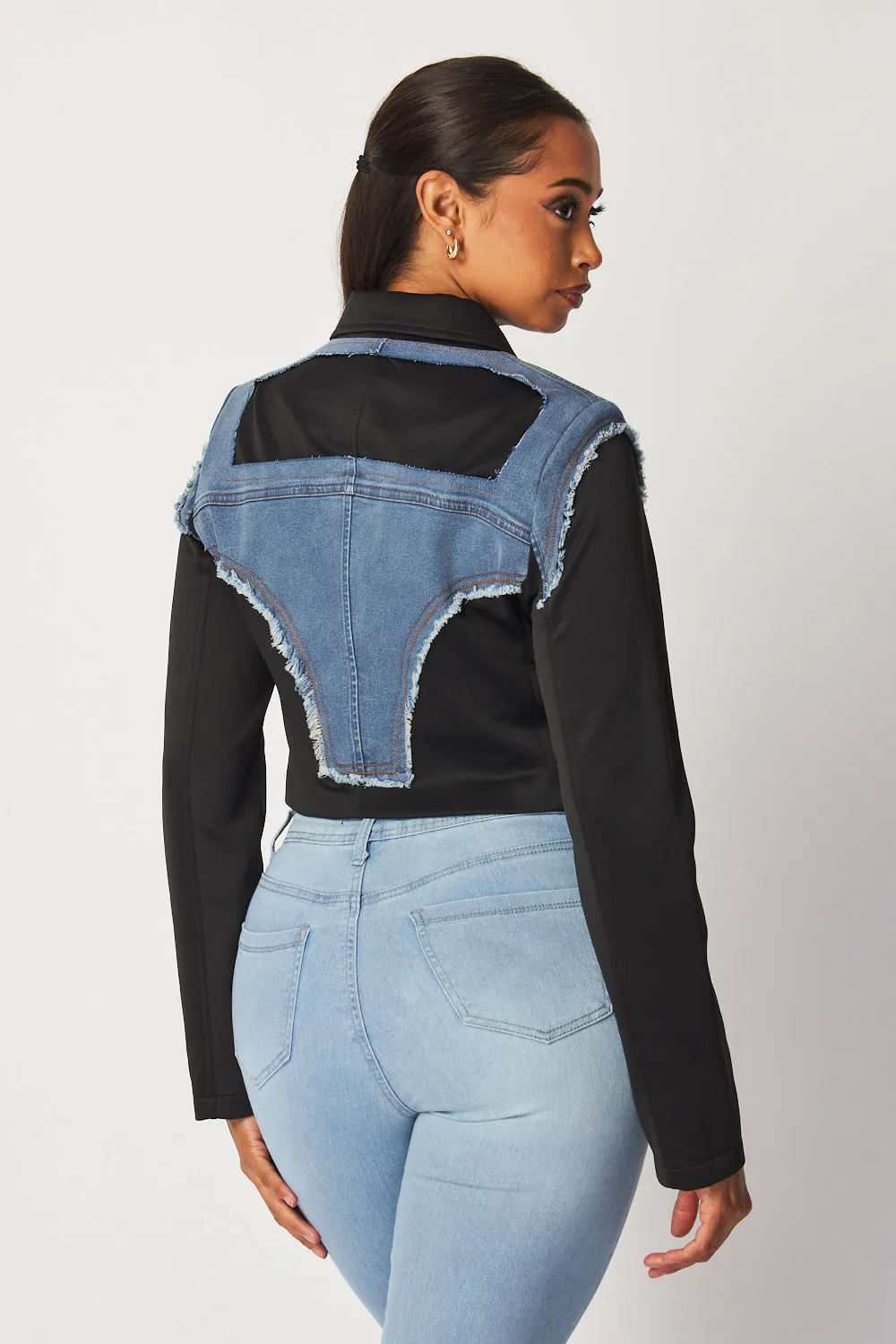 Amberlyn Denim Contrast Crop Blazer Jacket