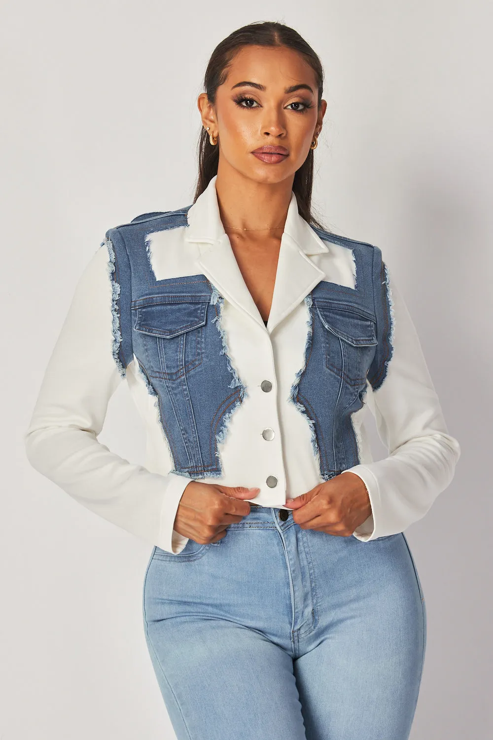 Amberlyn Denim Contrast Crop Blazer Jacket