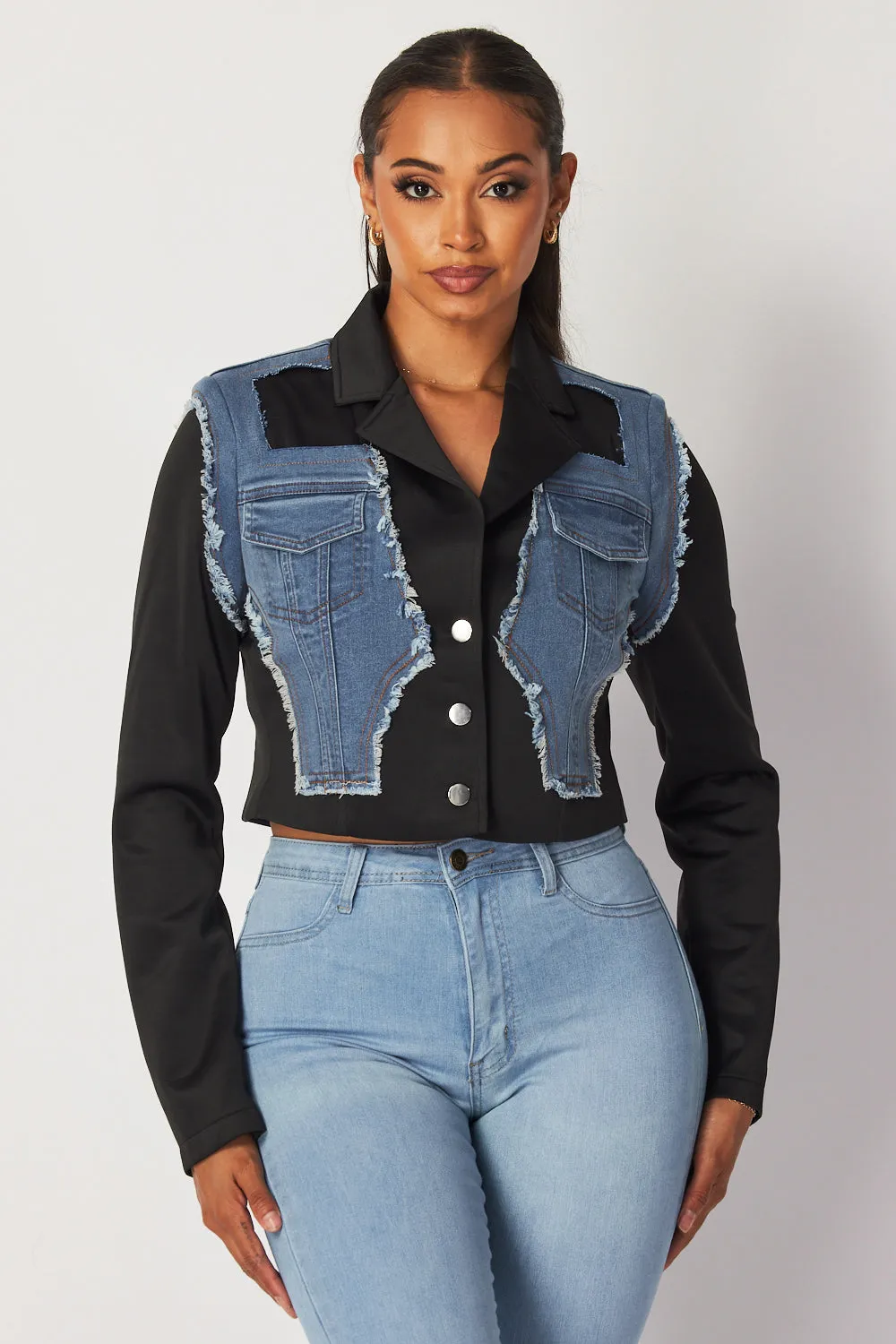 Amberlyn Denim Contrast Crop Blazer Jacket