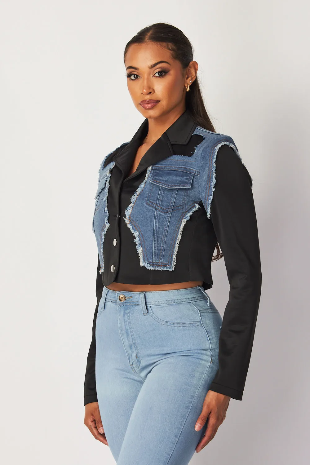 Amberlyn Denim Contrast Crop Blazer Jacket