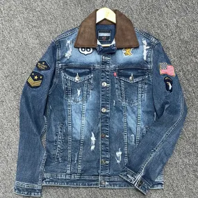 Bata Washed Rugged Washed Denim Cotton Knit Jacket for Men with Embroidery Patch & Suede Leather Collar