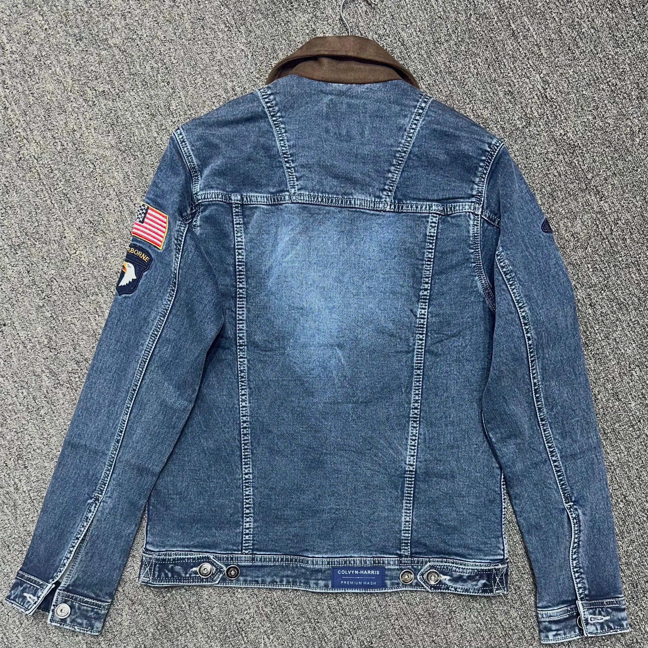 Bata Washed Rugged Washed Denim Cotton Knit Jacket for Men with Embroidery Patch & Suede Leather Collar