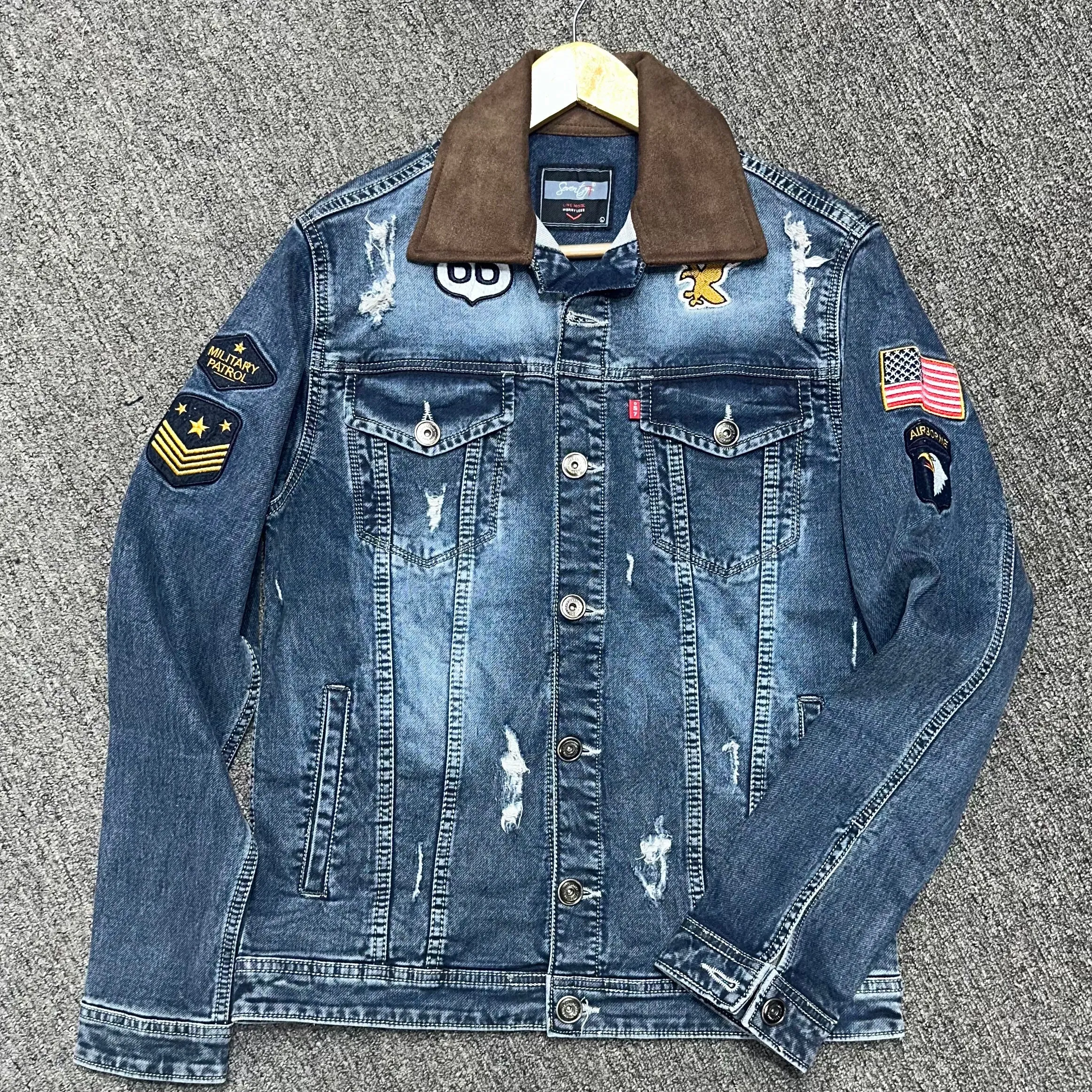 Bata Washed Rugged Washed Denim Cotton Knit Jacket for Men with Embroidery Patch & Suede Leather Collar