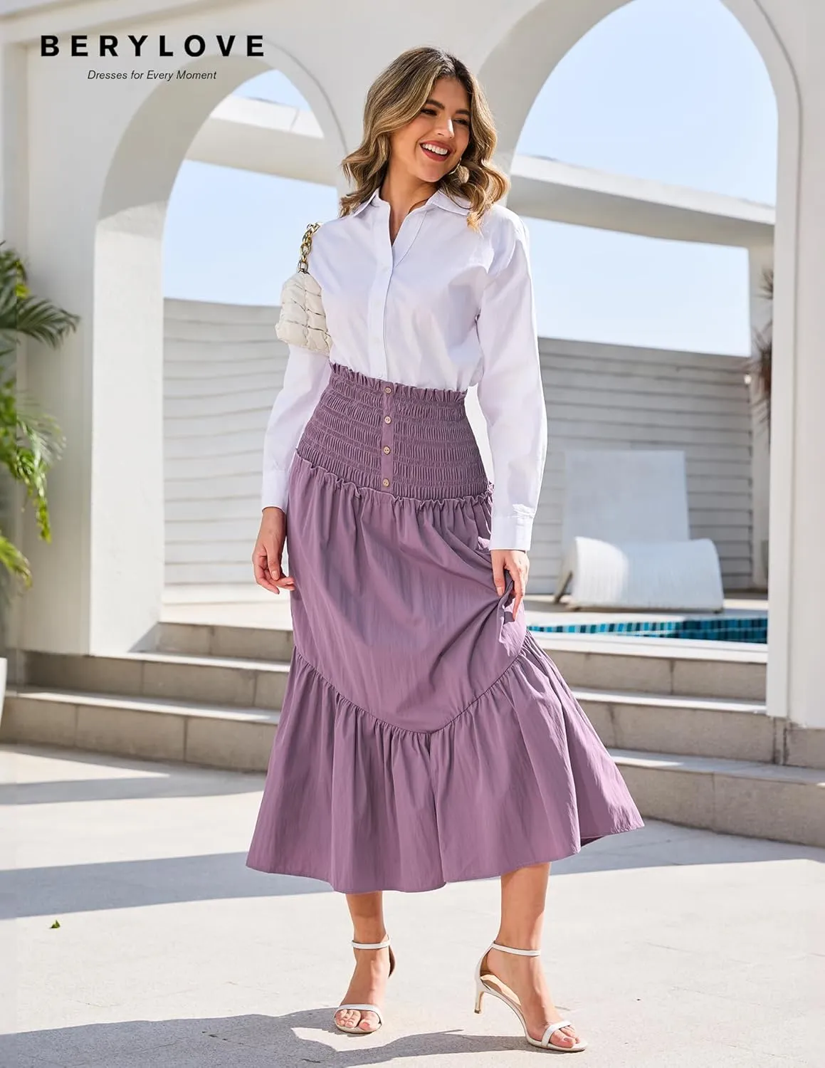 BeryLove Women’s Summer Boho Flowy Tiered A-Line Midi Skirt 2025 Fashion Elastic Waist Pleated Long Beach Skirt