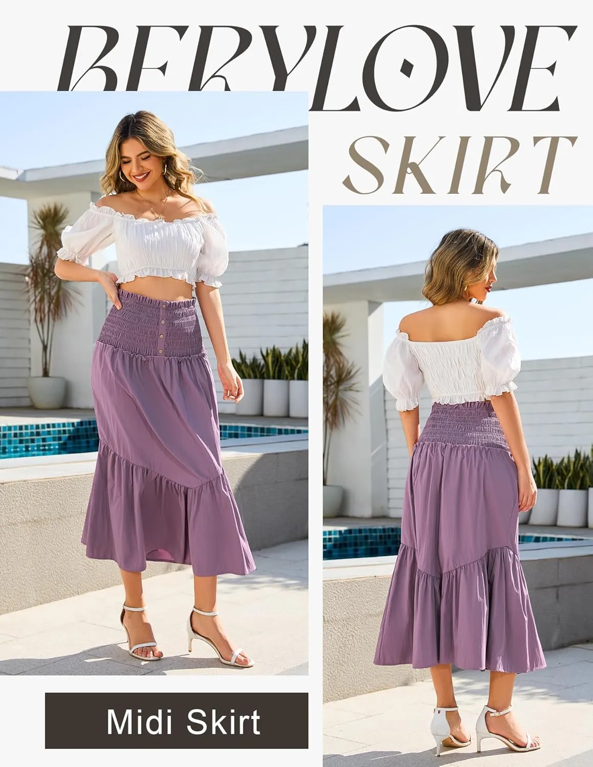BeryLove Women’s Summer Boho Flowy Tiered A-Line Midi Skirt 2025 Fashion Elastic Waist Pleated Long Beach Skirt