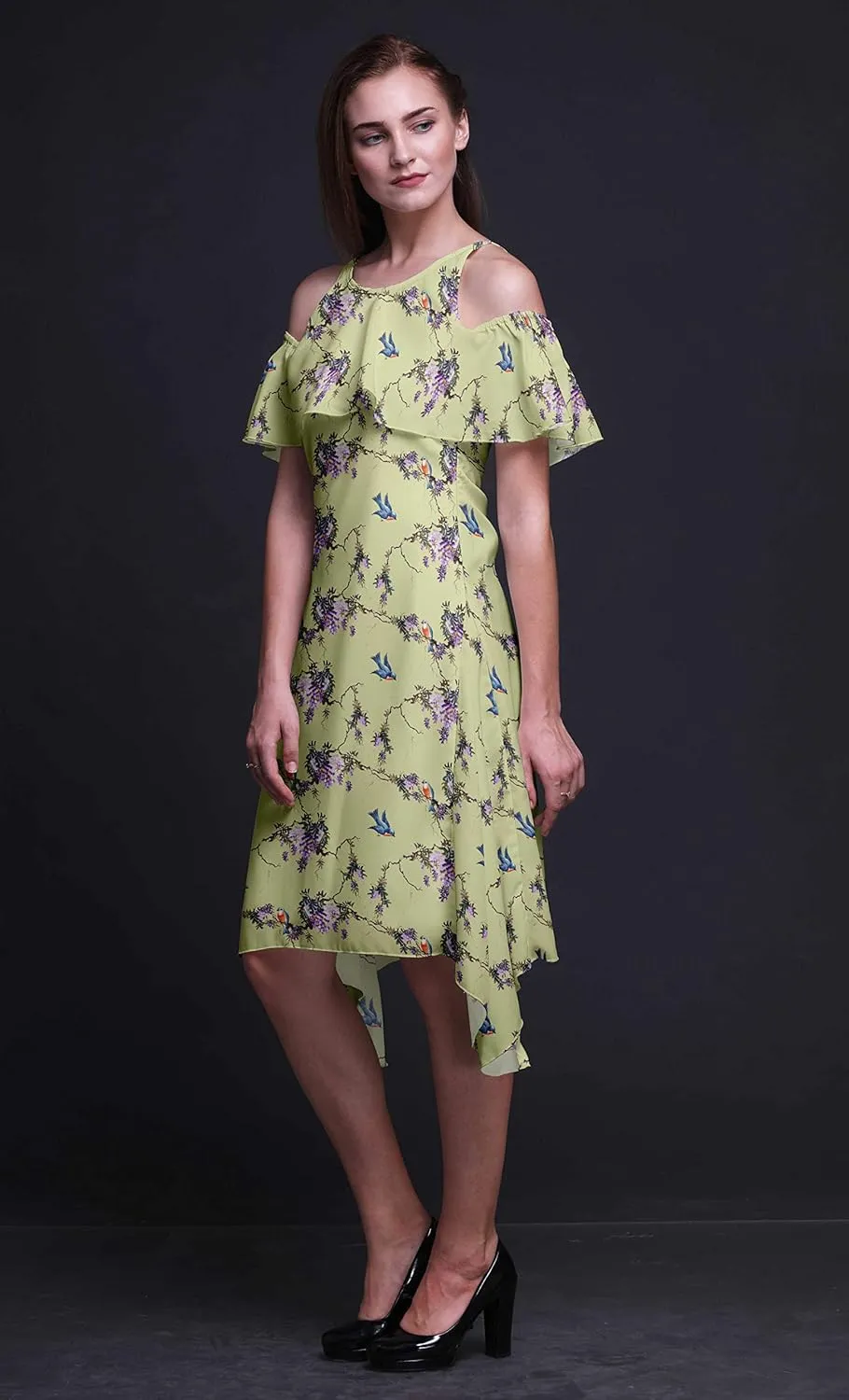 Bimba Moss Georgette Printed Womens Chic Style Cold Shoulder Tunic Party Round Neck Shift Dress