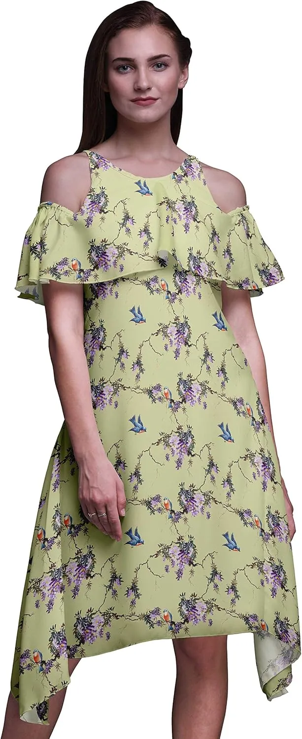 Bimba Moss Georgette Printed Womens Chic Style Cold Shoulder Tunic Party Round Neck Shift Dress