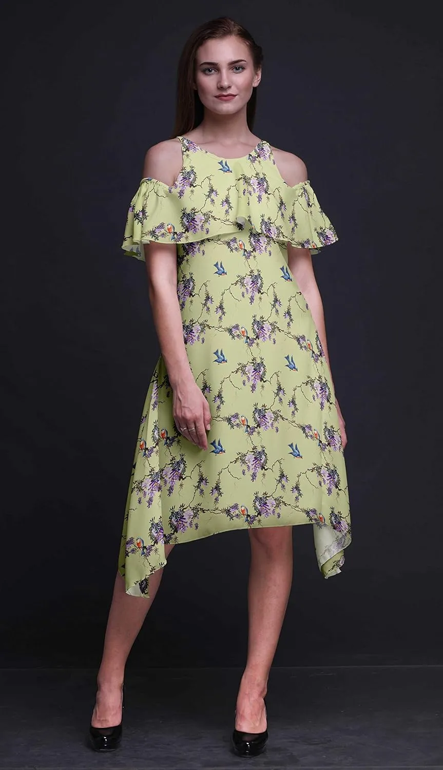 Bimba Moss Georgette Printed Womens Chic Style Cold Shoulder Tunic Party Round Neck Shift Dress