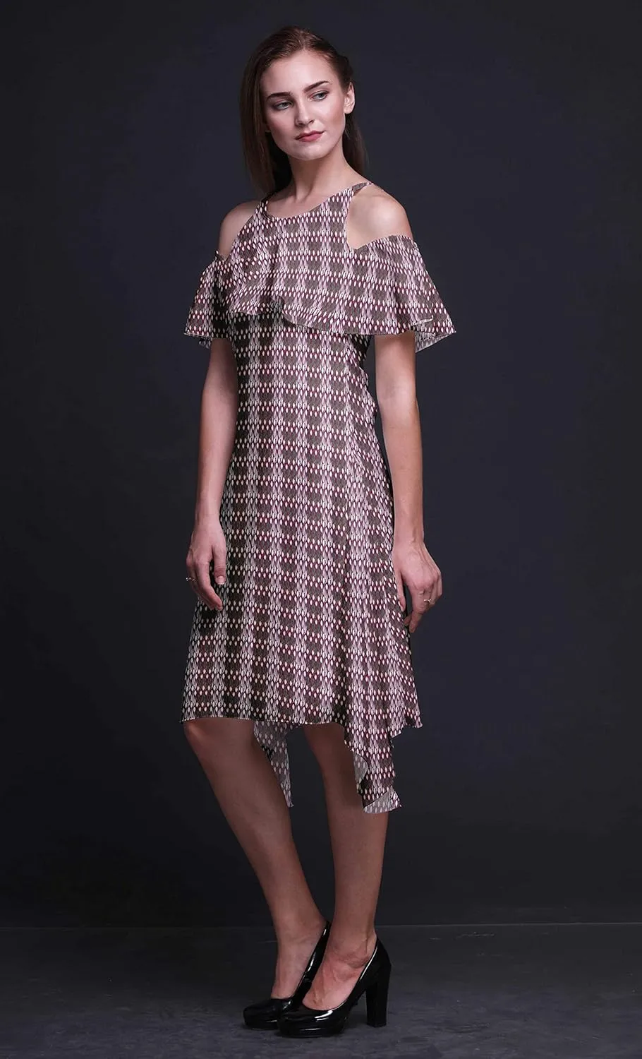 Bimba Moss Georgette Printed Womens Chic Style Cold Shoulder Tunic Party Round Neck Shift Dress