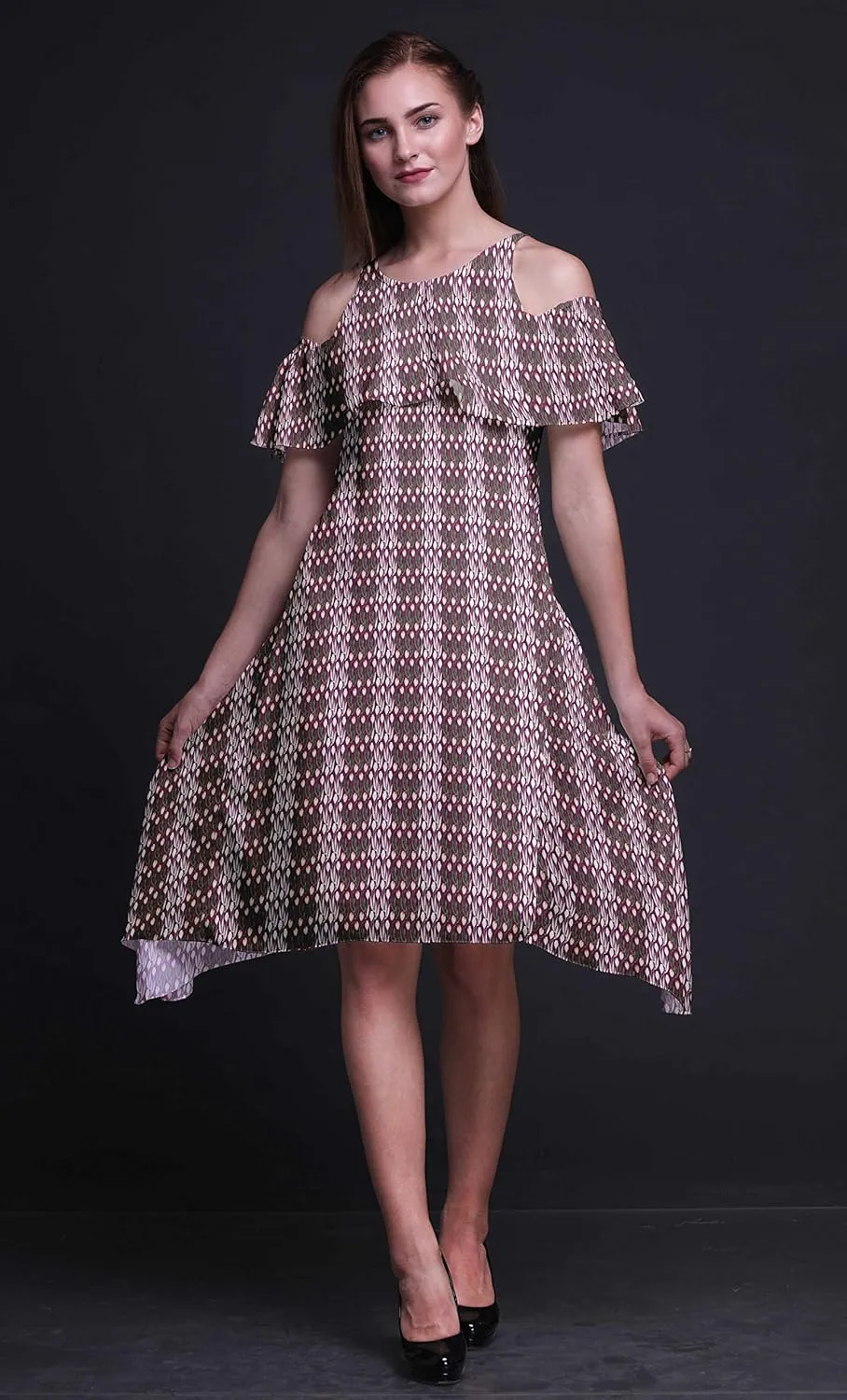 Bimba Moss Georgette Printed Womens Chic Style Cold Shoulder Tunic Party Round Neck Shift Dress