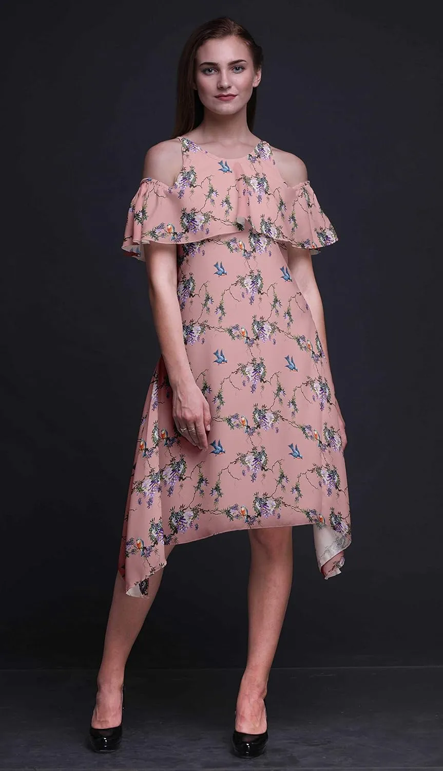 Bimba Moss Georgette Printed Womens Chic Style Cold Shoulder Tunic Party Round Neck Shift Dress