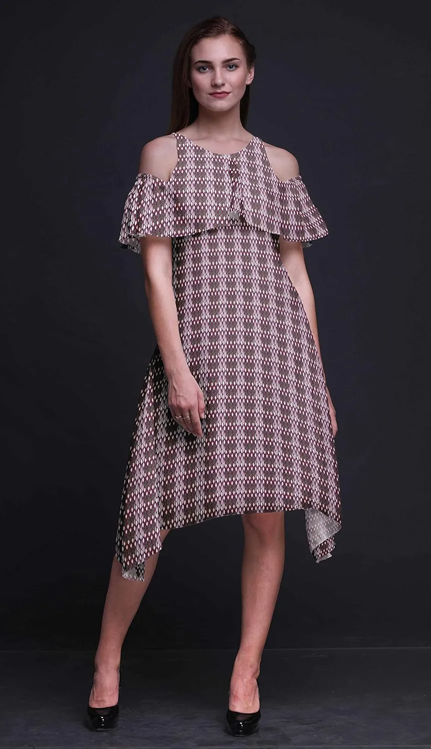 Bimba Moss Georgette Printed Womens Chic Style Cold Shoulder Tunic Party Round Neck Shift Dress