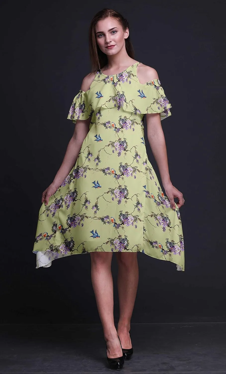 Bimba Moss Georgette Printed Womens Chic Style Cold Shoulder Tunic Party Round Neck Shift Dress