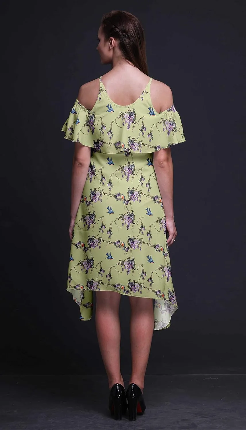 Bimba Moss Georgette Printed Womens Chic Style Cold Shoulder Tunic Party Round Neck Shift Dress