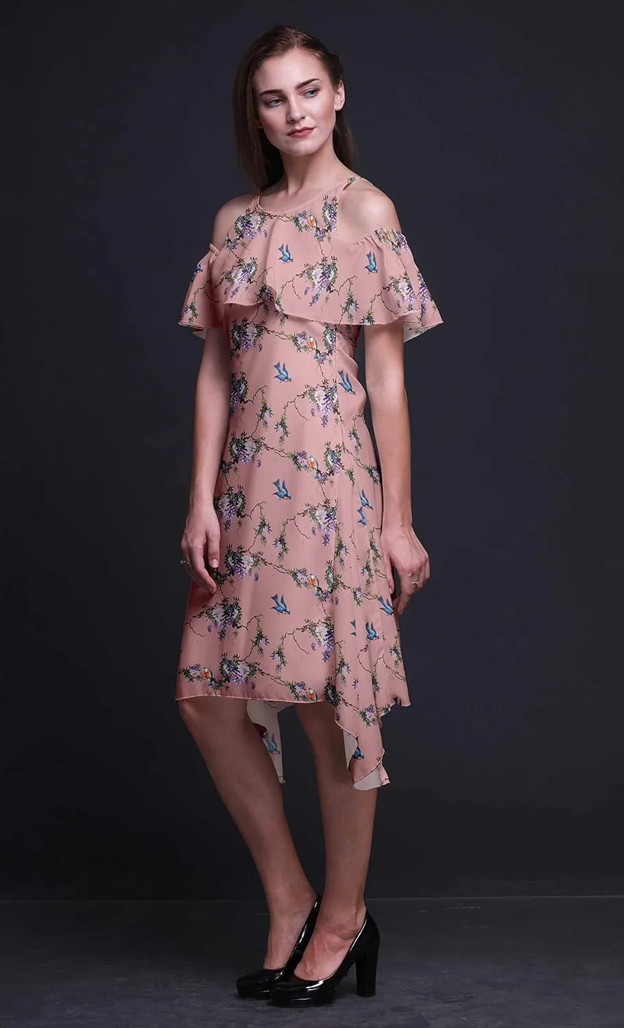 Bimba Moss Georgette Printed Womens Chic Style Cold Shoulder Tunic Party Round Neck Shift Dress