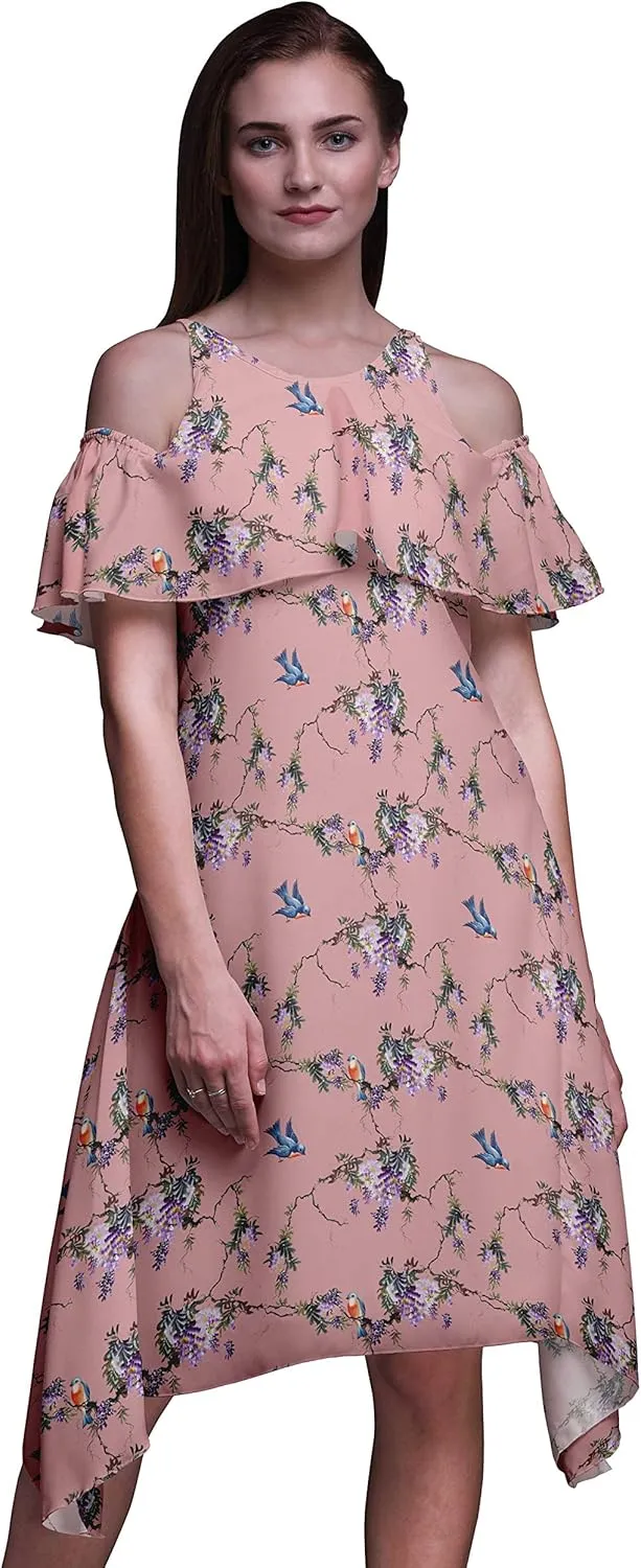 Bimba Moss Georgette Printed Womens Chic Style Cold Shoulder Tunic Party Round Neck Shift Dress