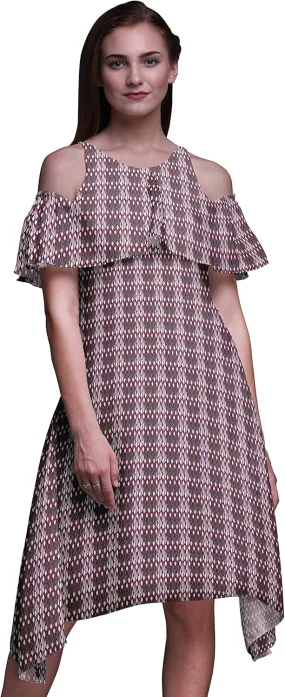 Bimba Moss Georgette Printed Womens Chic Style Cold Shoulder Tunic Party Round Neck Shift Dress
