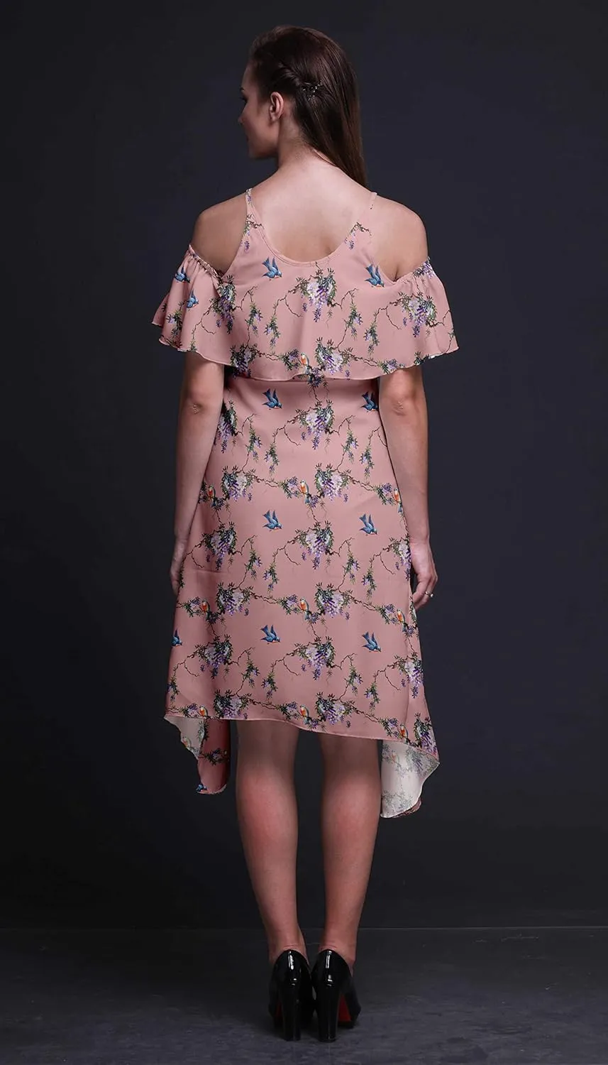 Bimba Moss Georgette Printed Womens Chic Style Cold Shoulder Tunic Party Round Neck Shift Dress