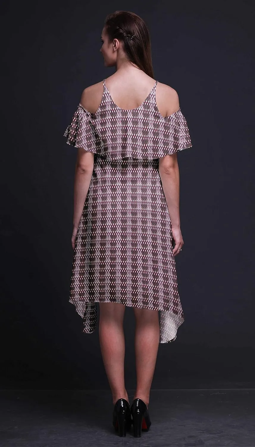 Bimba Moss Georgette Printed Womens Chic Style Cold Shoulder Tunic Party Round Neck Shift Dress