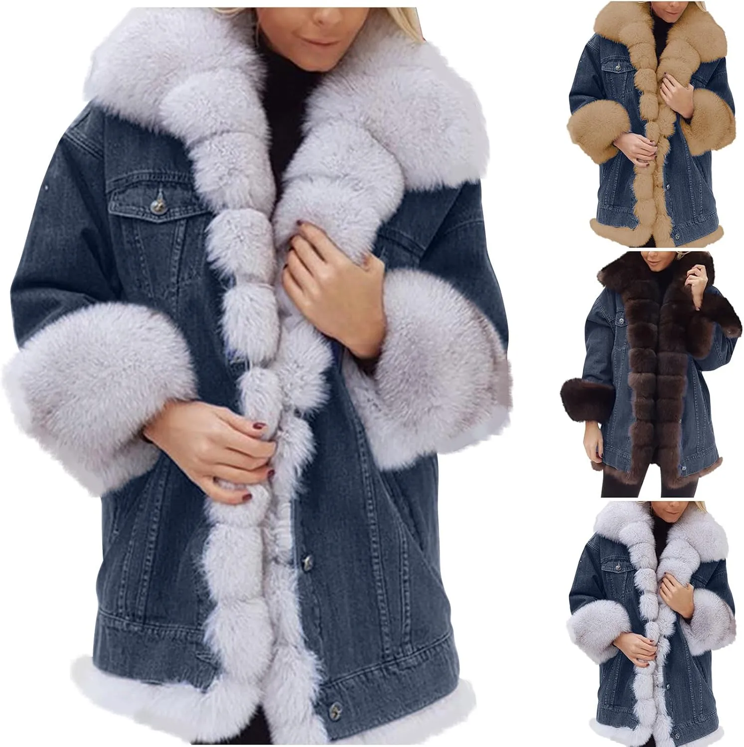 Binmer Winter Denim Coats for Women Vintage Western Fleece Lined Sherpa Jean Jackets Cold Weather Warm Outerwear with Pockets