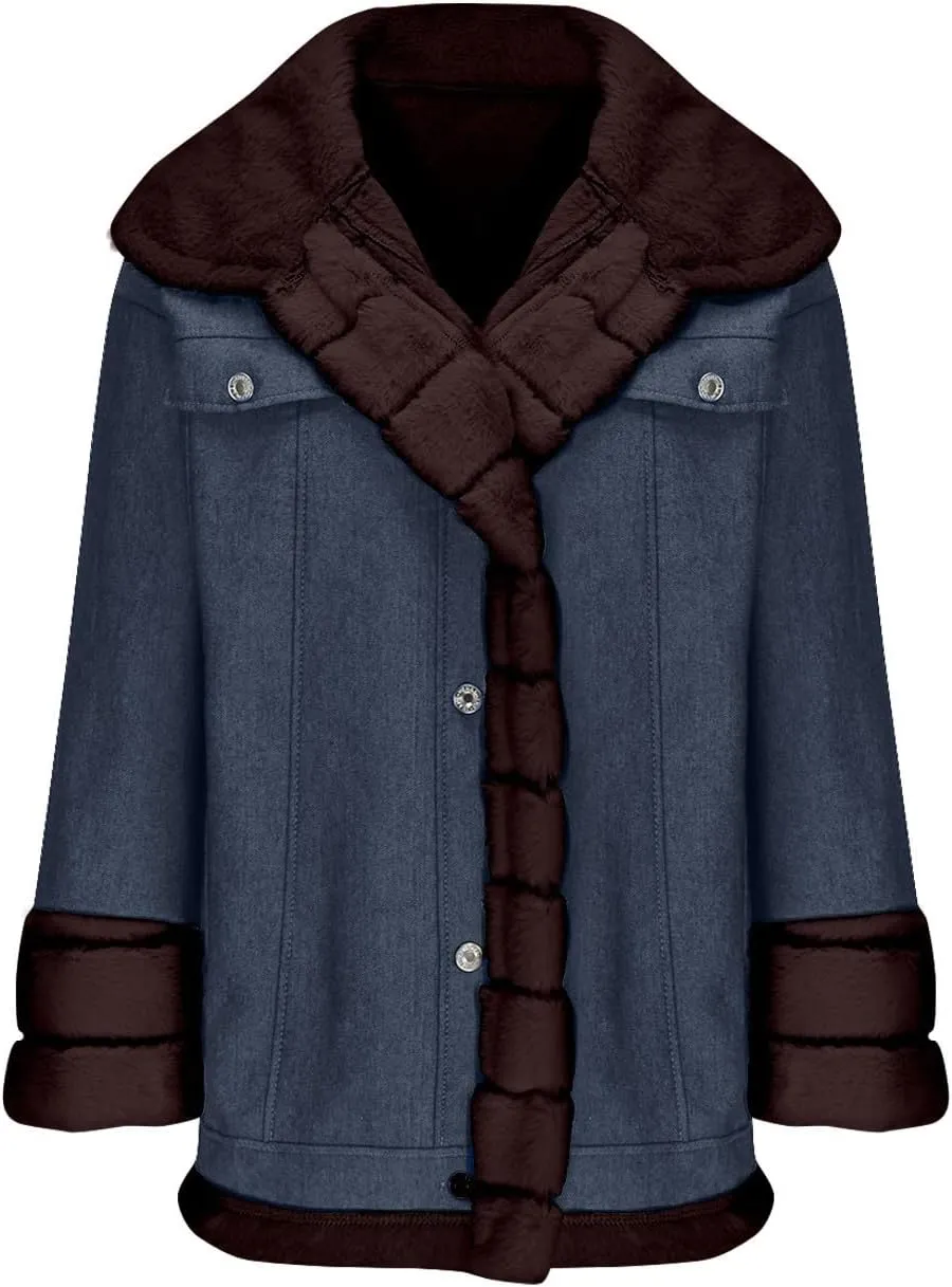 Binmer Winter Denim Coats for Women Vintage Western Fleece Lined Sherpa Jean Jackets Cold Weather Warm Outerwear with Pockets