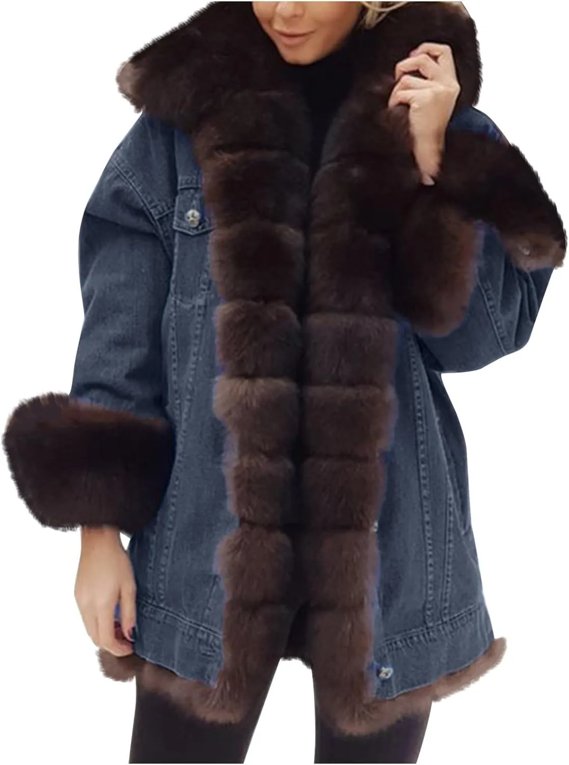 Binmer Winter Denim Coats for Women Vintage Western Fleece Lined Sherpa Jean Jackets Cold Weather Warm Outerwear with Pockets