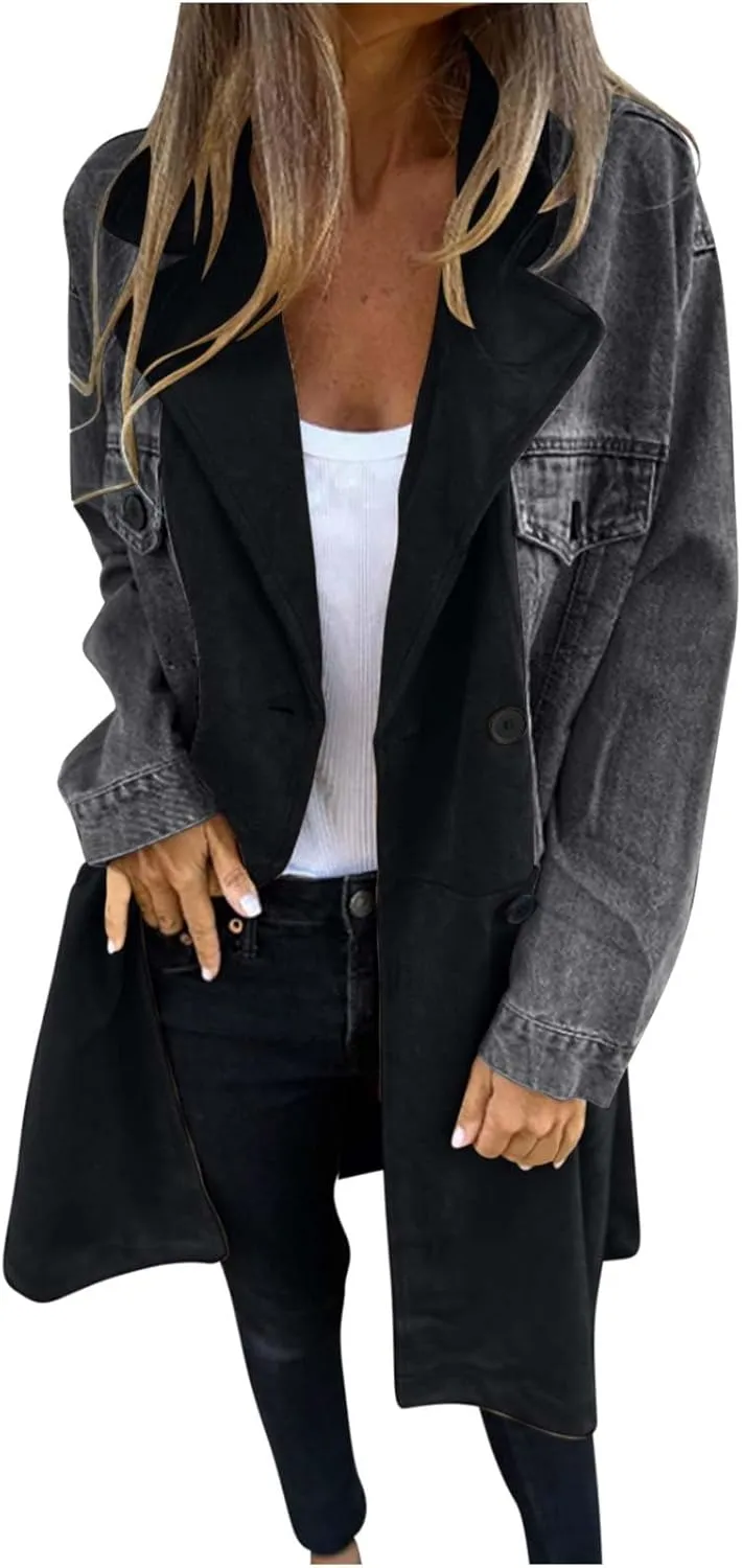 Binmer Women's Long Jean Jackets Colorblock Long Sleeve Notched Collar Coat Mid Length Button Down Denim Outwear with Pockets