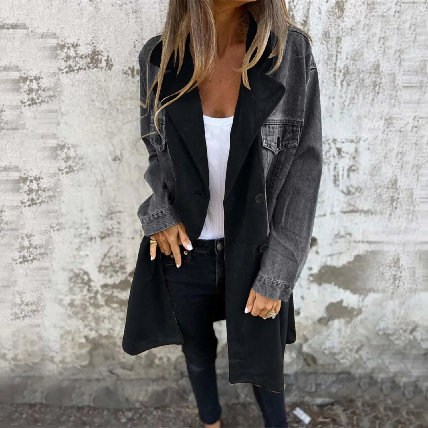 Binmer Women's Long Jean Jackets Colorblock Long Sleeve Notched Collar Coat Mid Length Button Down Denim Outwear with Pockets