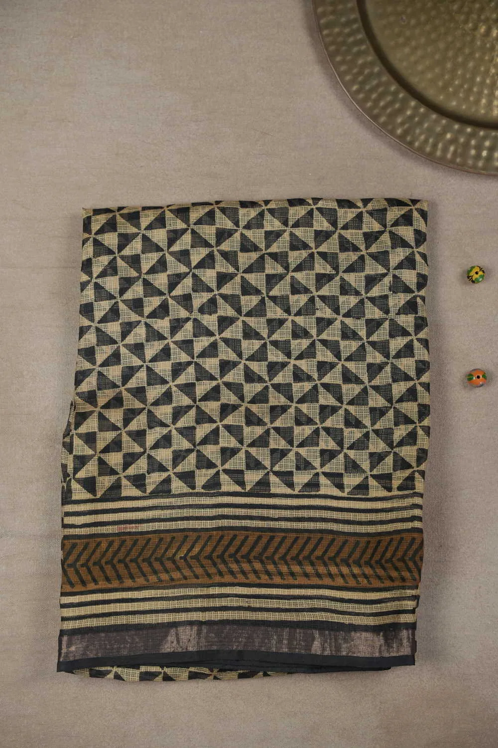 Black Patterns on Cream Block Printed Kota Silk saree