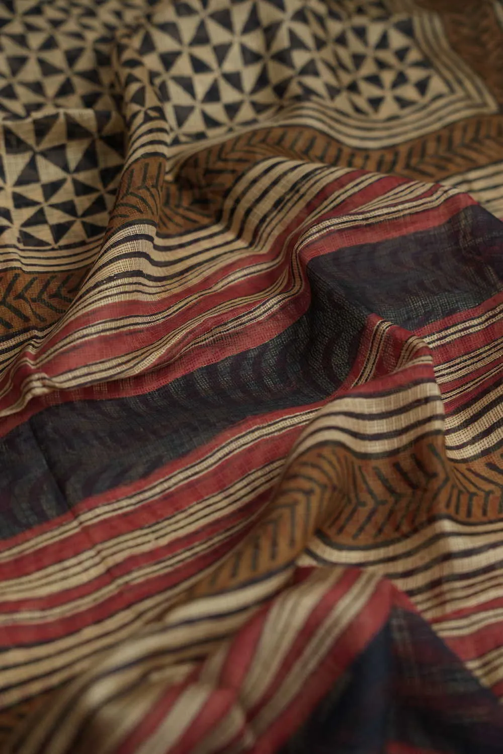 Black Patterns on Cream Block Printed Kota Silk saree