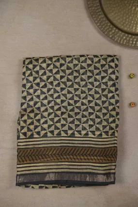 Black Patterns on Cream Block Printed Kota Silk saree