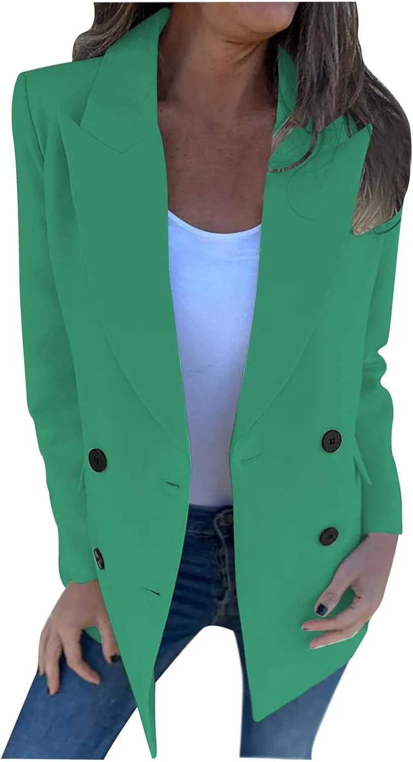 Blazers for Women Business Casual Double Breasted Oversized Suit Jackets Long Sleeve Notched Lapel Solid Color Blazer