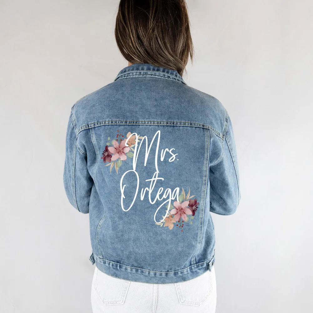(Blue Denim) Personalized Floral Bridal Denim Jacket