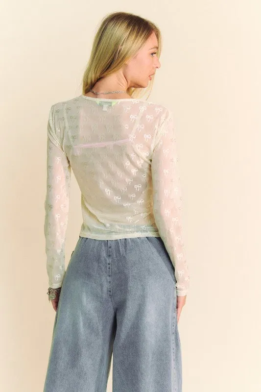 Bow Mesh Round Neck Long Sleeve Top