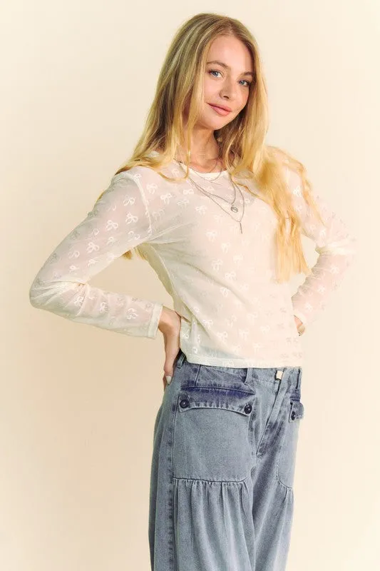 Bow Mesh Round Neck Long Sleeve Top