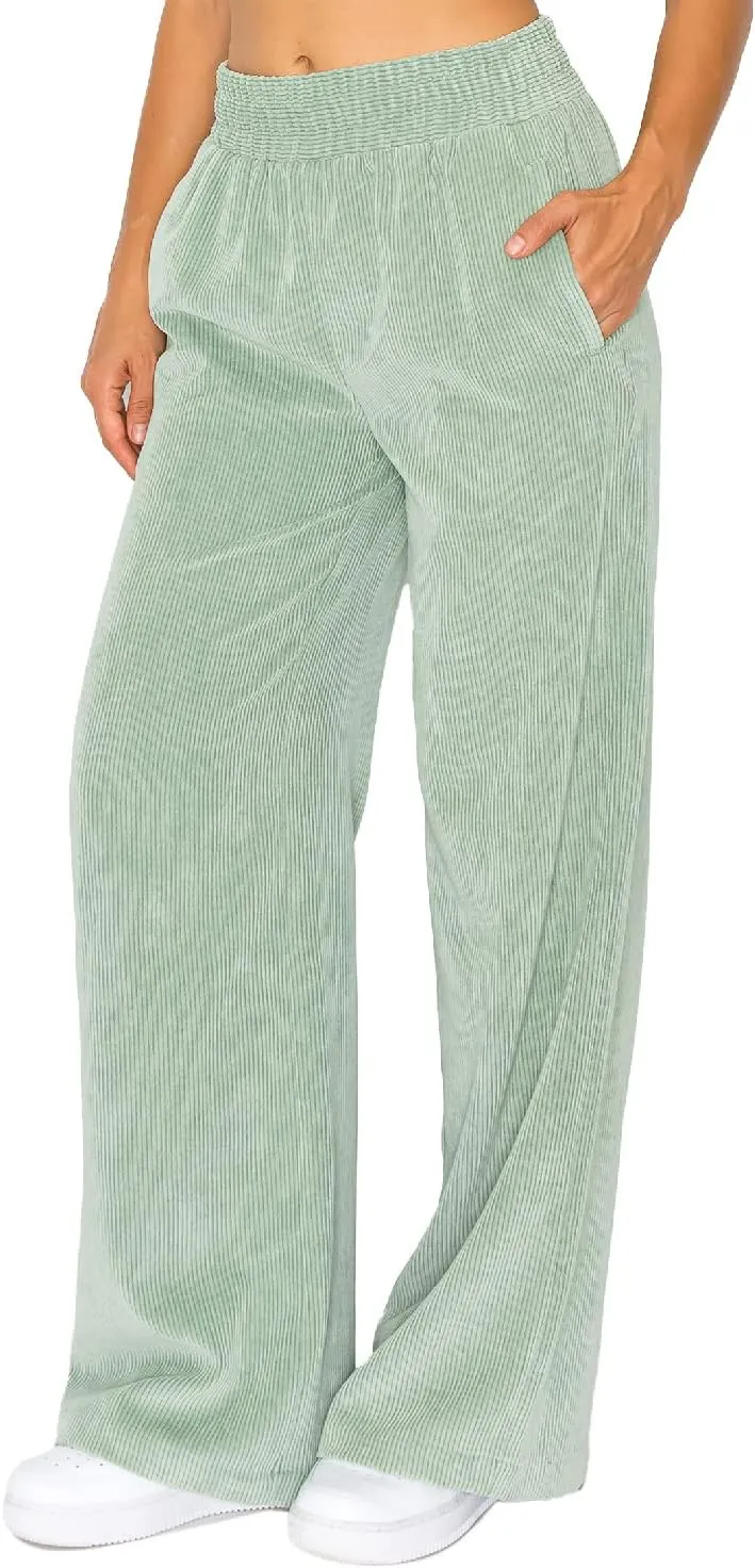 Cali1850 Women’s Casual Corduroy Pants – Elastic Waistband Soft Trousers with Pockets