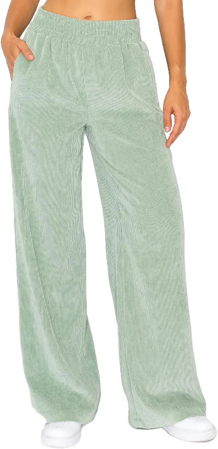 Cali1850 Women’s Casual Corduroy Pants – Elastic Waistband Soft Trousers with Pockets