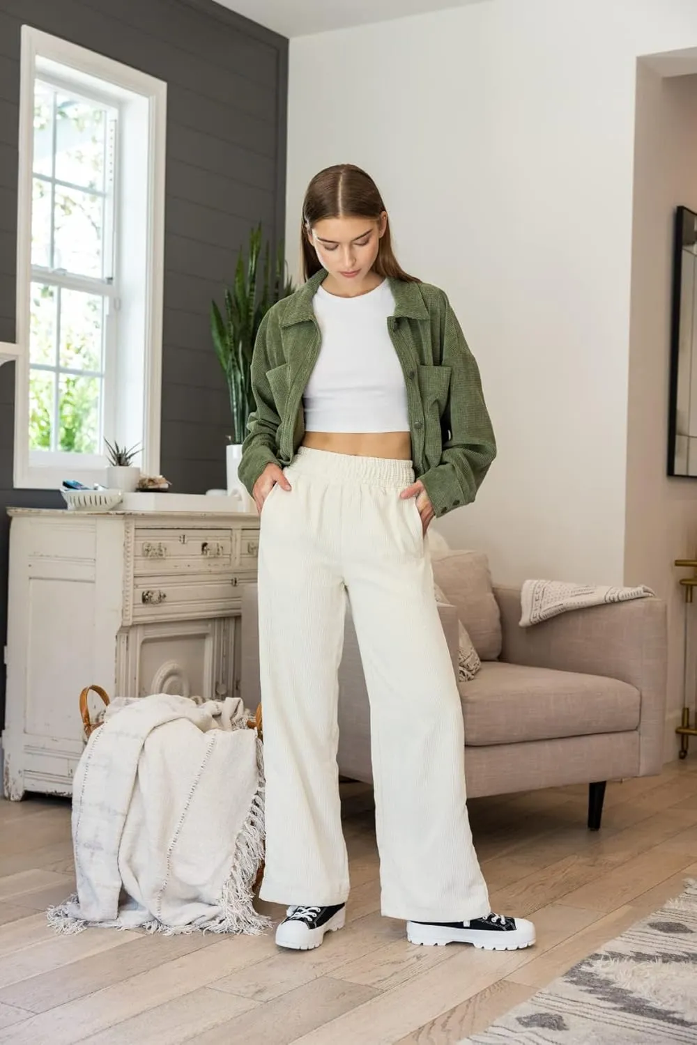 Cali1850 Women’s Casual Corduroy Pants – Elastic Waistband Soft Trousers with Pockets