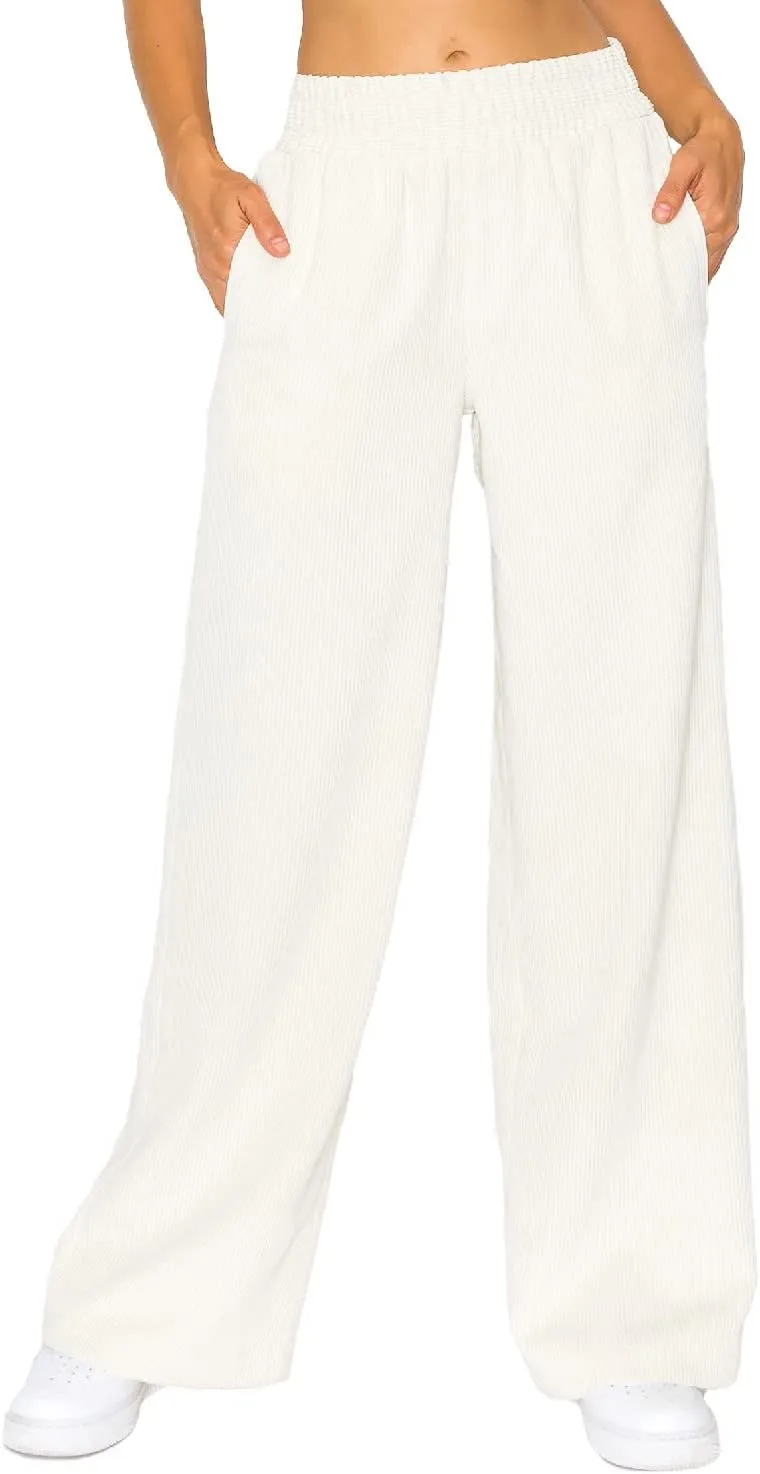 Cali1850 Women’s Casual Corduroy Pants – Elastic Waistband Soft Trousers with Pockets